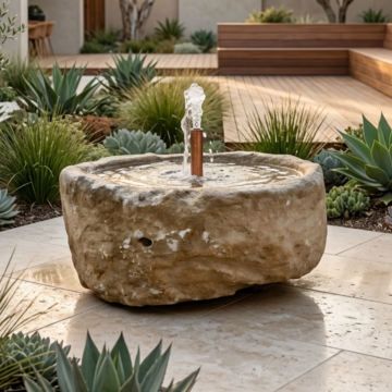 Aegean Core Limestone G01 water feature bubbles from a carved stone basin in a landscaped garden with agave, grasses and timber decking.