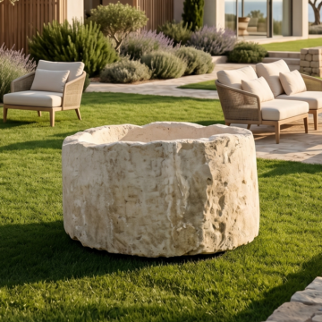 Olive Grove Limestone G26 adds a sculptural limestone water feature to a landscaped garden, with a rounded form and natural finish among seating and lawns.