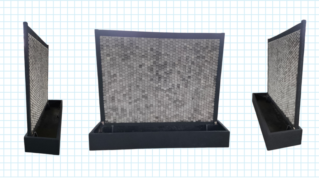 Geometric slate-grey mesh panels on a black, rectangular fountain base, matching the sculptural décor look of an Iron Tide Fountain.